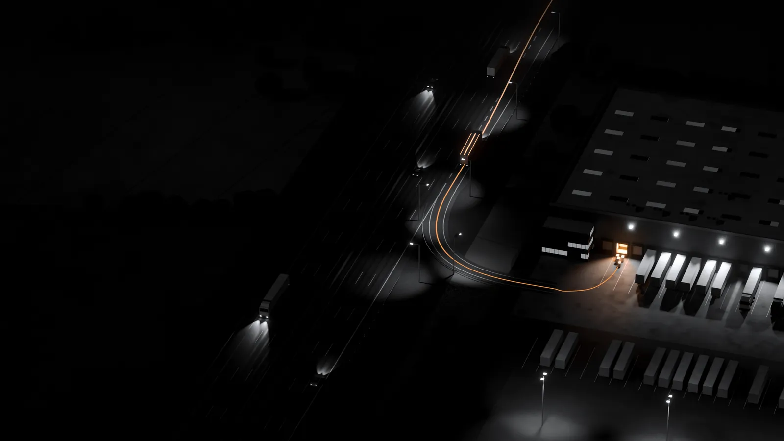 Night aerial view of a logistics hub beside a motorway. An amber route runs from an open loading dock, across the truck court and up the on-ramp to a truck merging onto the motorway.