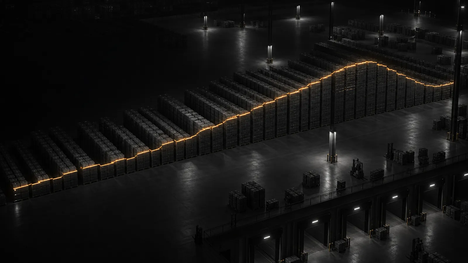 Night view of a dark warehouse floor. Rows of pallet stacks rise and fall in a smooth wave, with a thin amber line tracing their tops like a forecast curve.