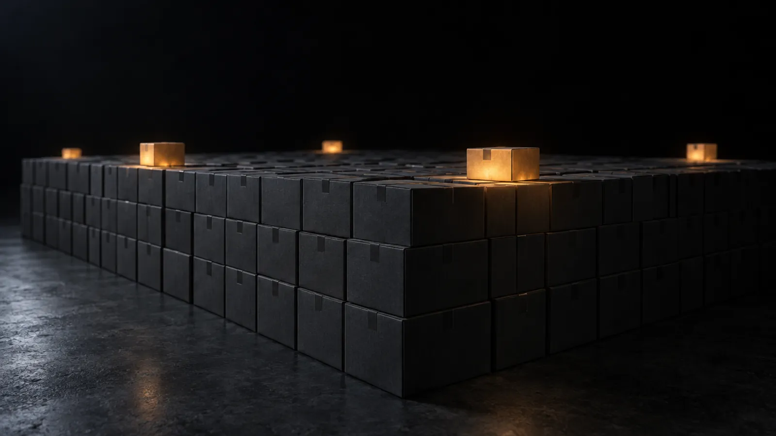 A large, solid block of stacked charcoal cartons on a dark floor. A few small cartons on top glow amber.